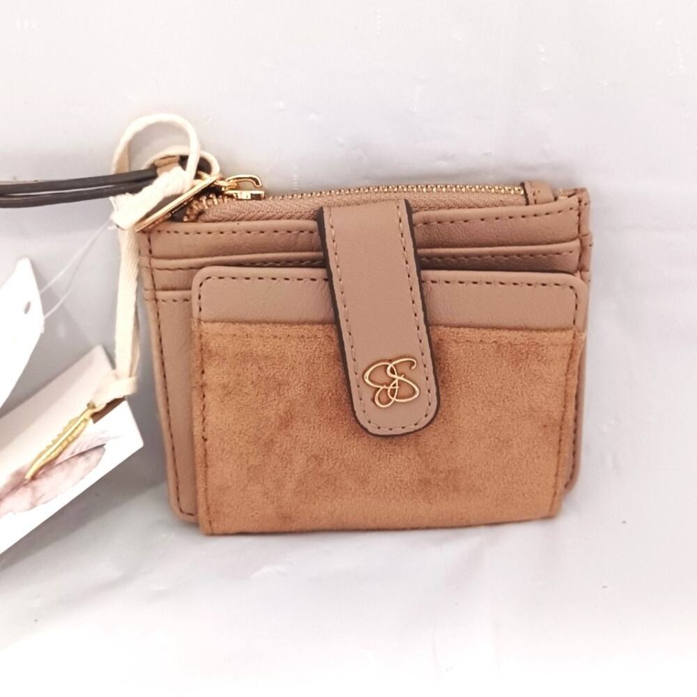 Jessica Simpson “Frankie” Square Card Case Wallet – Beige/Black Gold Hardware